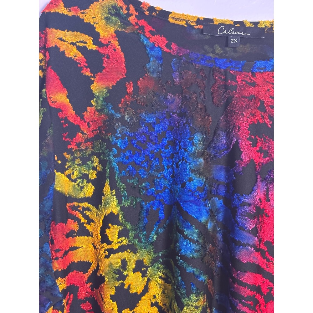 Calessa Womens Tunic 2X Multicolor Rainbow Burnout Velvet Asymmetrical Artistic - Picture 4 of 6